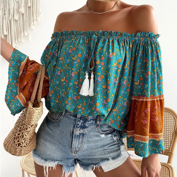 Rouge! Tops - Off Shoulder Floral Print Tassel Ties Relaxed Fit Flared Sleeve Top